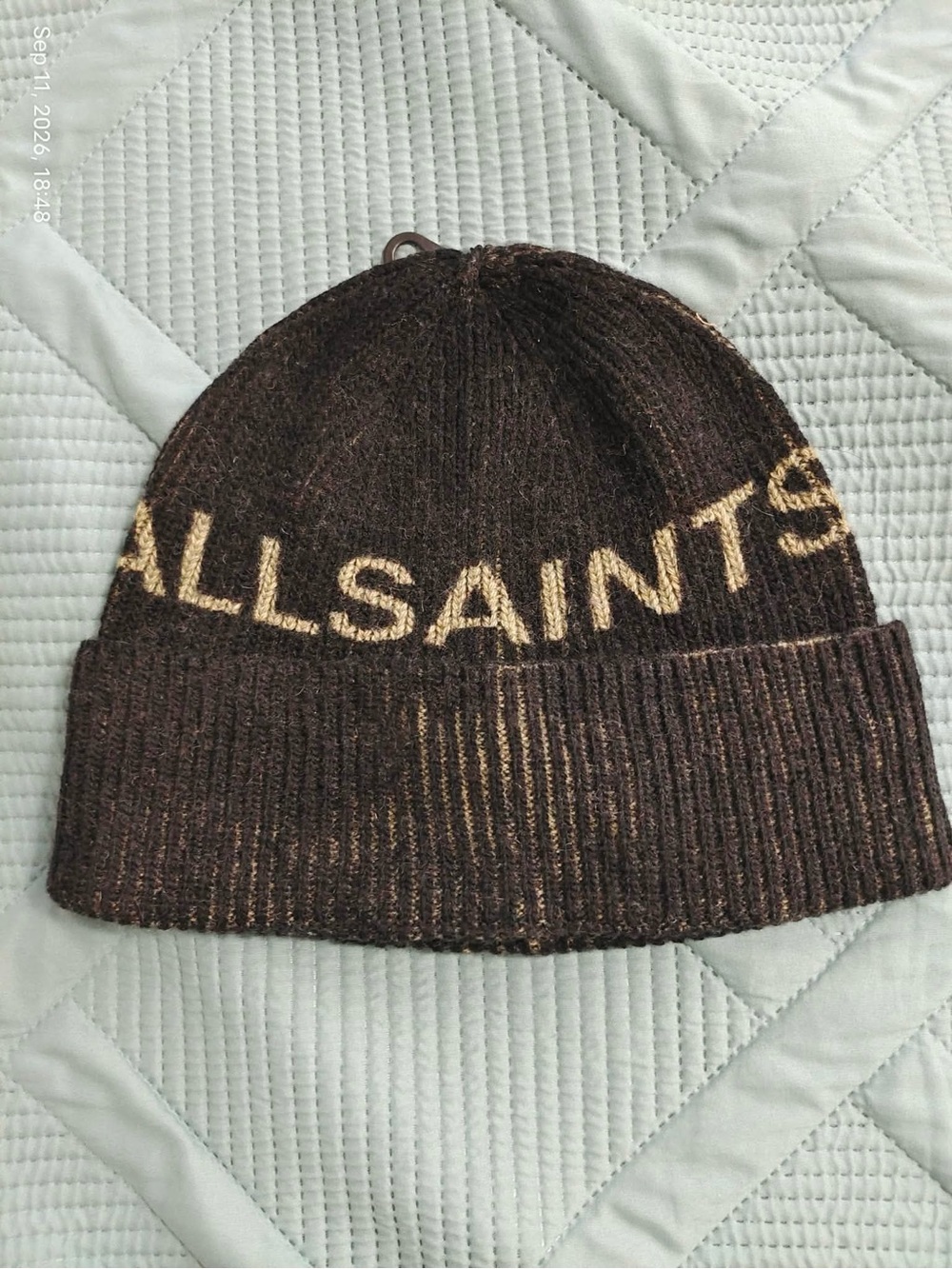 NWOT All Saints 80% Wool Printed Logo Cuffed Beanie Black & Green OS Unisex